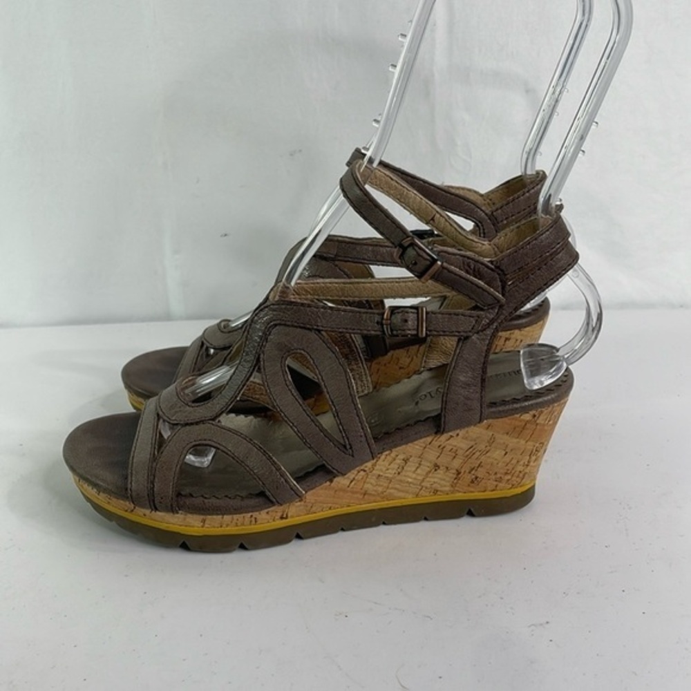Bussola style mocha leather cork heel wedge double buckle sandals Saint Tropez